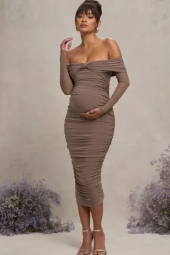 Neva | Mocha Bardot Twist Maternity Midi Dress