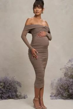 Neva | Mocha Bardot Twist Maternity Midi Dress