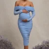Neva | Powder Blue Bardot Twist Maternity Midi Dress
