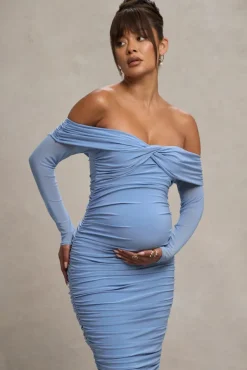 Neva | Powder Blue Bardot Twist Maternity Midi Dress