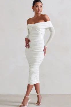 Neva | White Bardot Twist Midi Dress