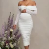 Neva | White Bardot Twist Maternity Midi Dress