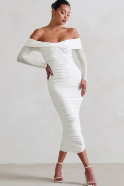 Neva | White Bardot Twist Midi Dress