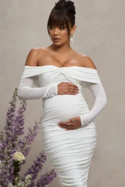 Neva | White Bardot Twist Maternity Midi Dress