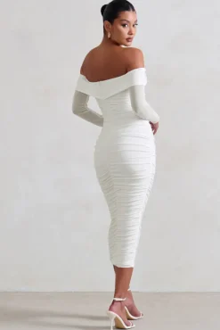 Neva | White Bardot Twist Midi Dress