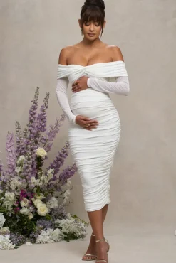 Neva | White Bardot Twist Maternity Midi Dress