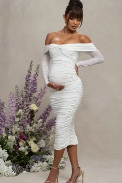 Neva | White Bardot Twist Maternity Midi Dress