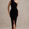 Nevaeh | Black Asymmetric High-Neck Ruffle Split Maxi Dress