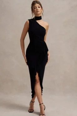 Nevaeh | Black Asymmetric High-Neck Ruffle Split Maxi Dress