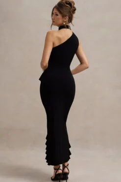 Nevaeh | Black Asymmetric High-Neck Ruffle Split Maxi Dress