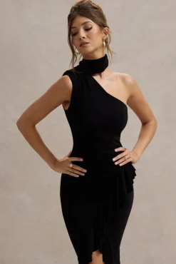 Nevaeh | Black Asymmetric High-Neck Ruffle Split Maxi Dress