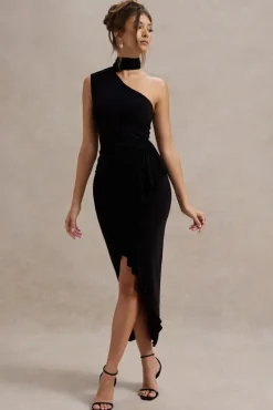 Nevaeh | Black Asymmetric High-Neck Ruffle Split Maxi Dress