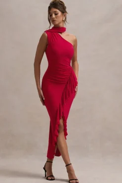 Nevaeh | Red Asymmetric High-Neck Ruffle Split Maxi Dress