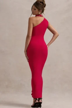 Nevaeh | Red Asymmetric High-Neck Ruffle Split Maxi Dress