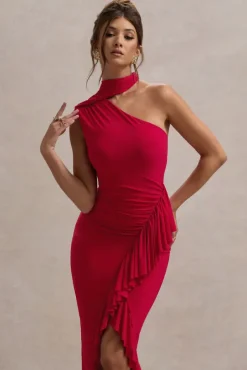 Nevaeh | Red Asymmetric High-Neck Ruffle Split Maxi Dress