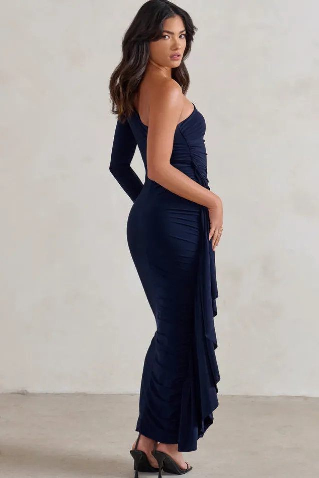 Never Let Go | Navy One Shoulder Ruched Side Detail Maxi Dress