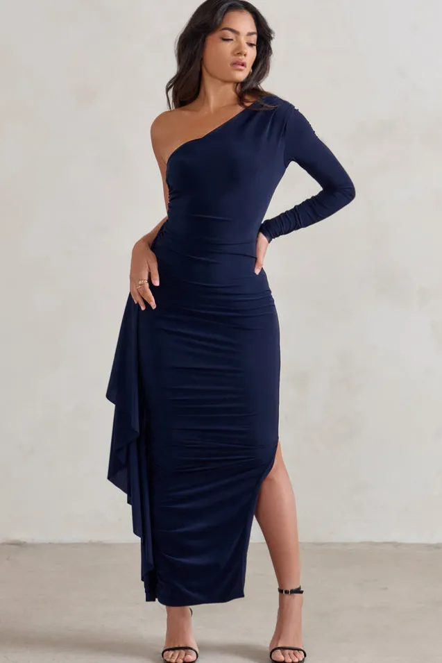 Never Let Go | Navy One Shoulder Ruched Side Detail Maxi Dress