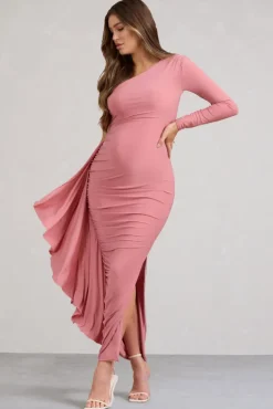 Never Let Go | Rose Pink Maternity One Shoulder Ruched Side Detail Maxi Dress