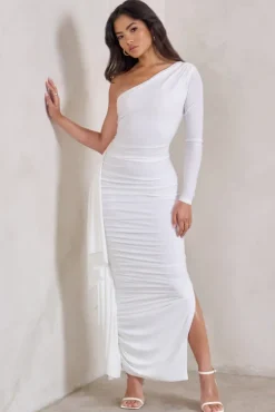 Never Let Go |  White One Shoulder Ruched Side Detail Maxi Dress