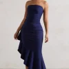 New Age | Navy Strapless Asymmetric Ruffled Maxi Dress