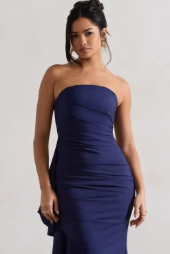 New Age | Navy Strapless Asymmetric Ruffled Maxi Dress
