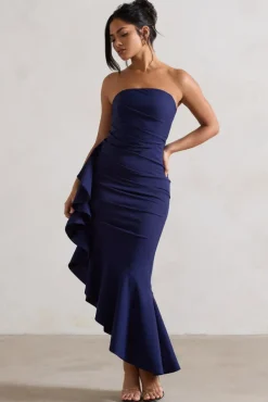 New Age | Navy Strapless Asymmetric Ruffled Maxi Dress