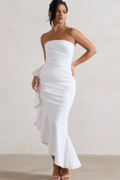 New Age | White Strapless Asymmetric Ruffled Maxi Dress