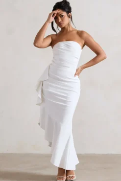 New Age | White Strapless Asymmetric Ruffled Maxi Dress