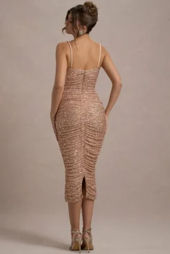 New Energy | Gold Sequin Strappy Ruched Bodycon Midi Dress