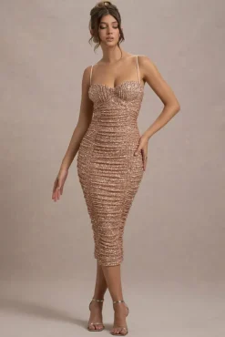 New Energy | Gold Sequin Strappy Ruched Bodycon Midi Dress