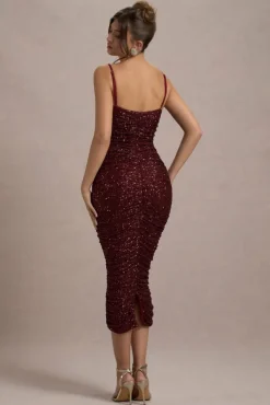 New Energy | Plum Sequin Strappy Ruched Bodycon Midi Dress