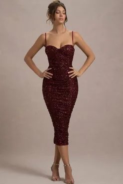 New Energy | Plum Sequin Strappy Ruched Bodycon Midi Dress