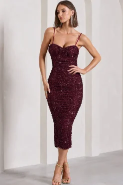 New Energy | Plum Sequin Strappy Ruched Bodycon Midi Dress