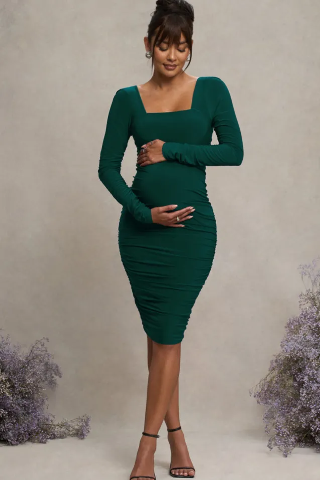 New Life | Bottle Green Maternity Square Neck Ruched Midi Dress