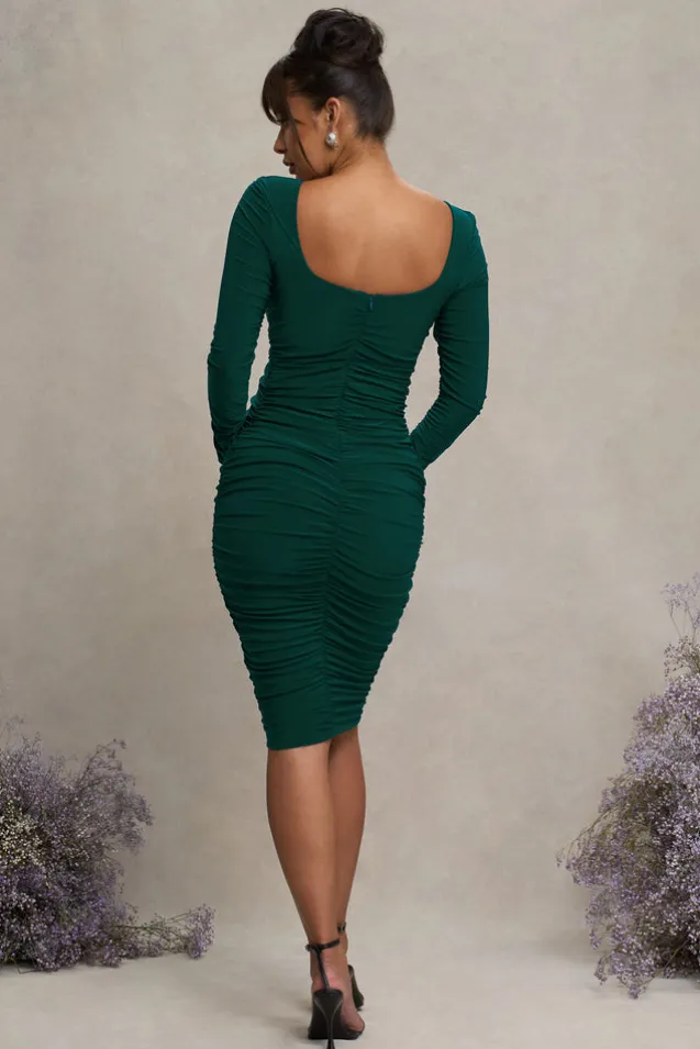 New Life | Bottle Green Maternity Square Neck Ruched Midi Dress