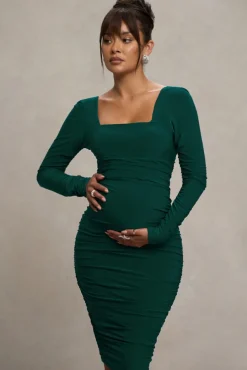 New Life | Bottle Green Maternity Square Neck Ruched Midi Dress