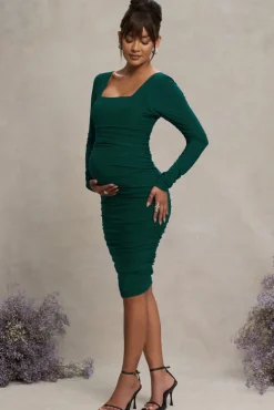 New Life | Bottle Green Maternity Square Neck Ruched Midi Dress