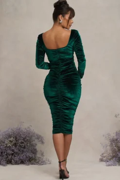 New Life | Bottle Green Velvet Maternity Square Neck Ruched Midi Dress