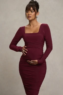 New Life | Burgundy Maternity Square Neck Ruched Midi Dress