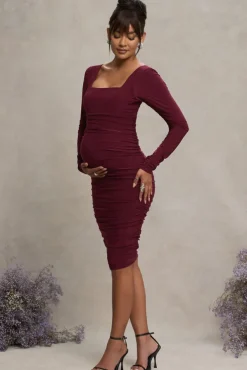 New Life | Burgundy Maternity Square Neck Ruched Midi Dress
