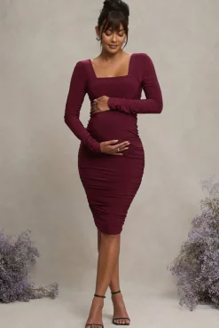 New Life | Burgundy Maternity Square Neck Ruched Midi Dress