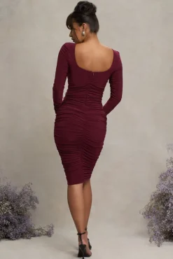 New Life | Burgundy Maternity Square Neck Ruched Midi Dress