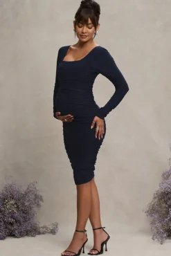 New Life | Navy Maternity Square Neck Ruched Midi Dress