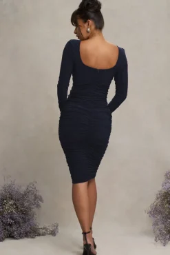 New Life | Navy Maternity Square Neck Ruched Midi Dress