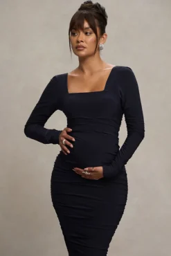 New Life | Navy Maternity Square Neck Ruched Midi Dress