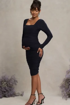 New Life | Navy Maternity Square Neck Ruched Midi Dress