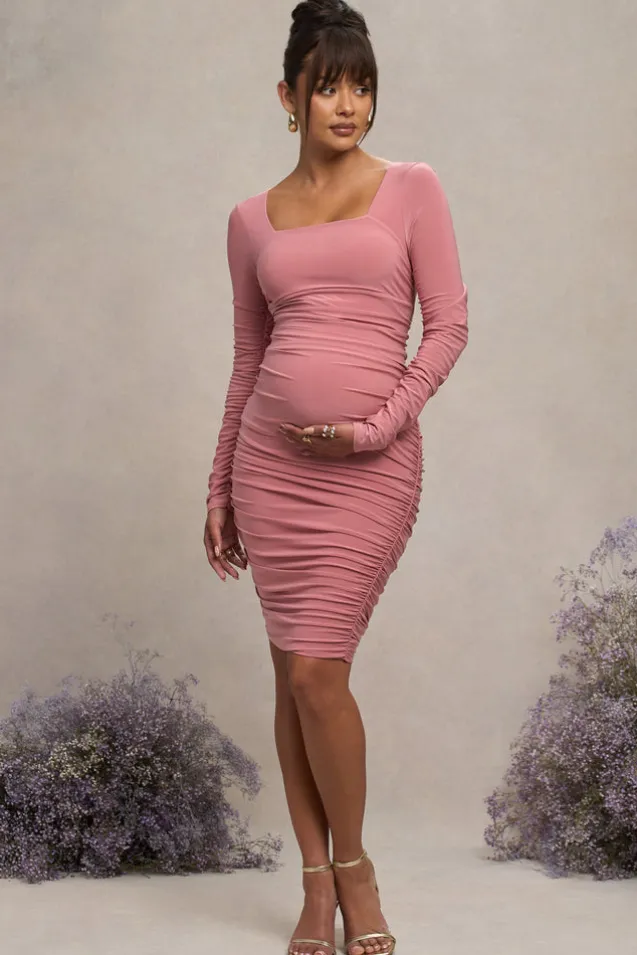 New Life | Pink Maternity Square Neck Ruched Midi Dress