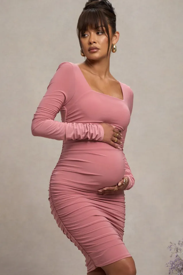 New Life | Pink Maternity Square Neck Ruched Midi Dress