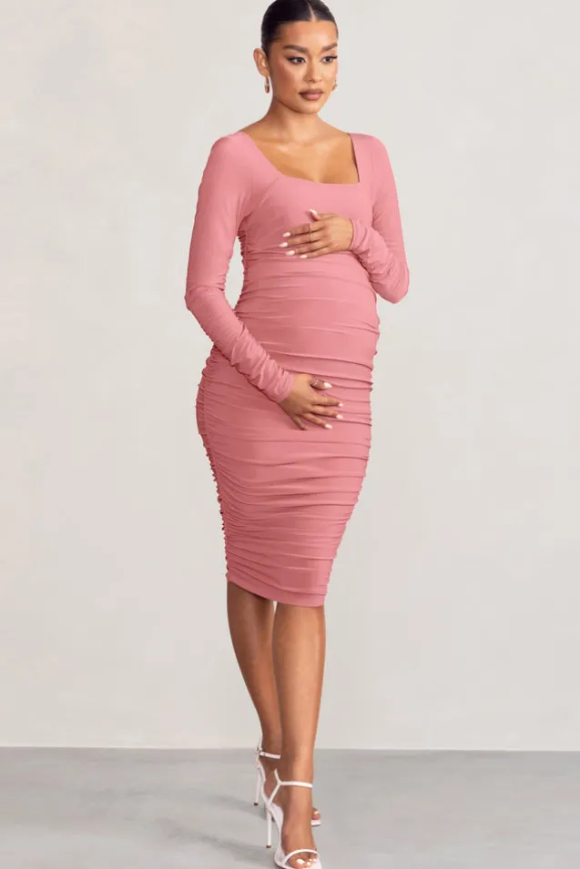 New Life | Pink Maternity Square Neck Ruched Midi Dress