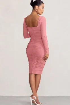 New Life | Pink Maternity Square Neck Ruched Midi Dress